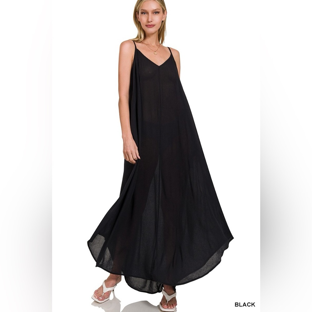 Zenana Woven Crinkle Cami Maxi Dress with Side Pockets - Picture 3 of 3